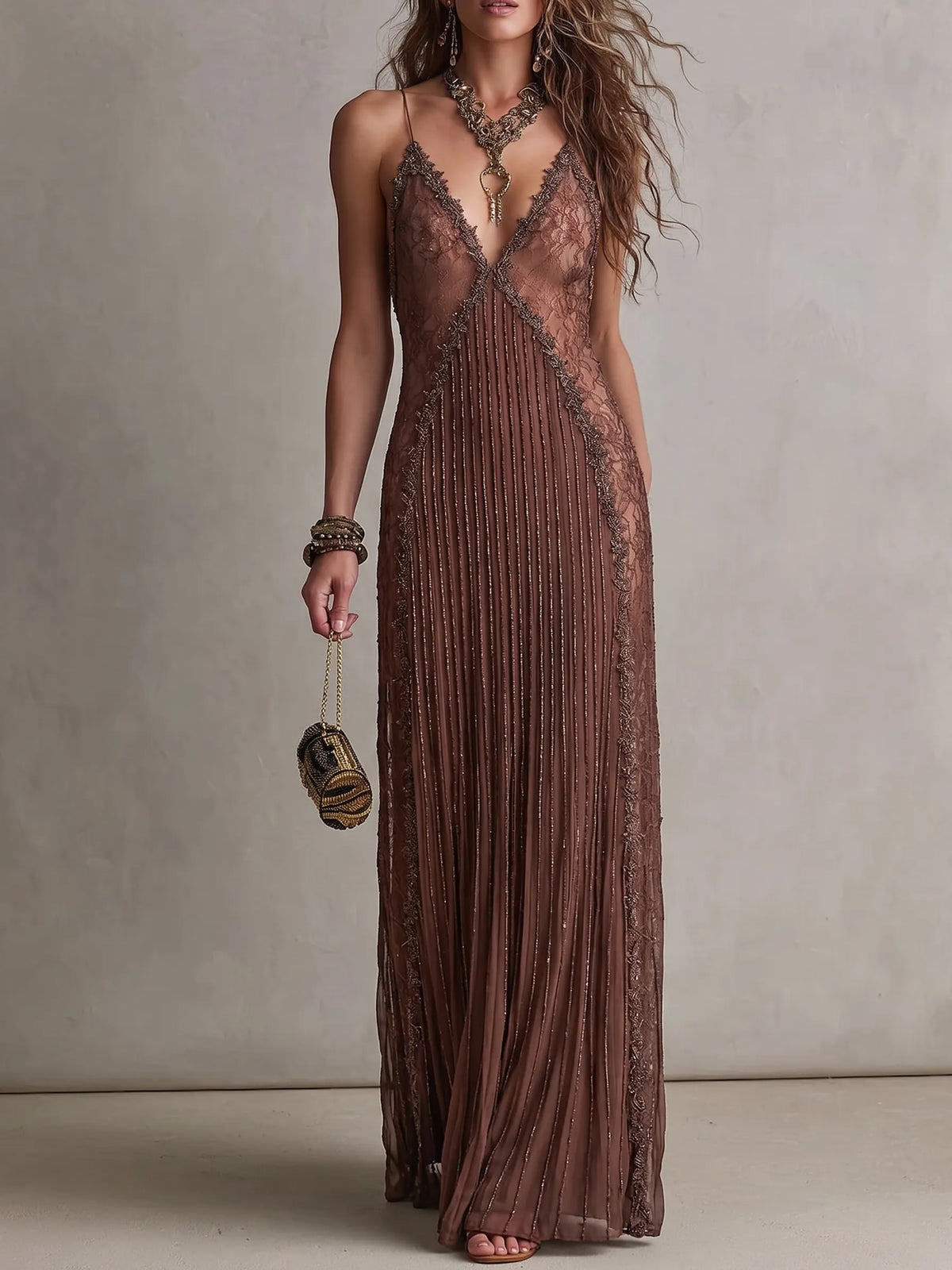 Brown lace-panel pleated maxi dress